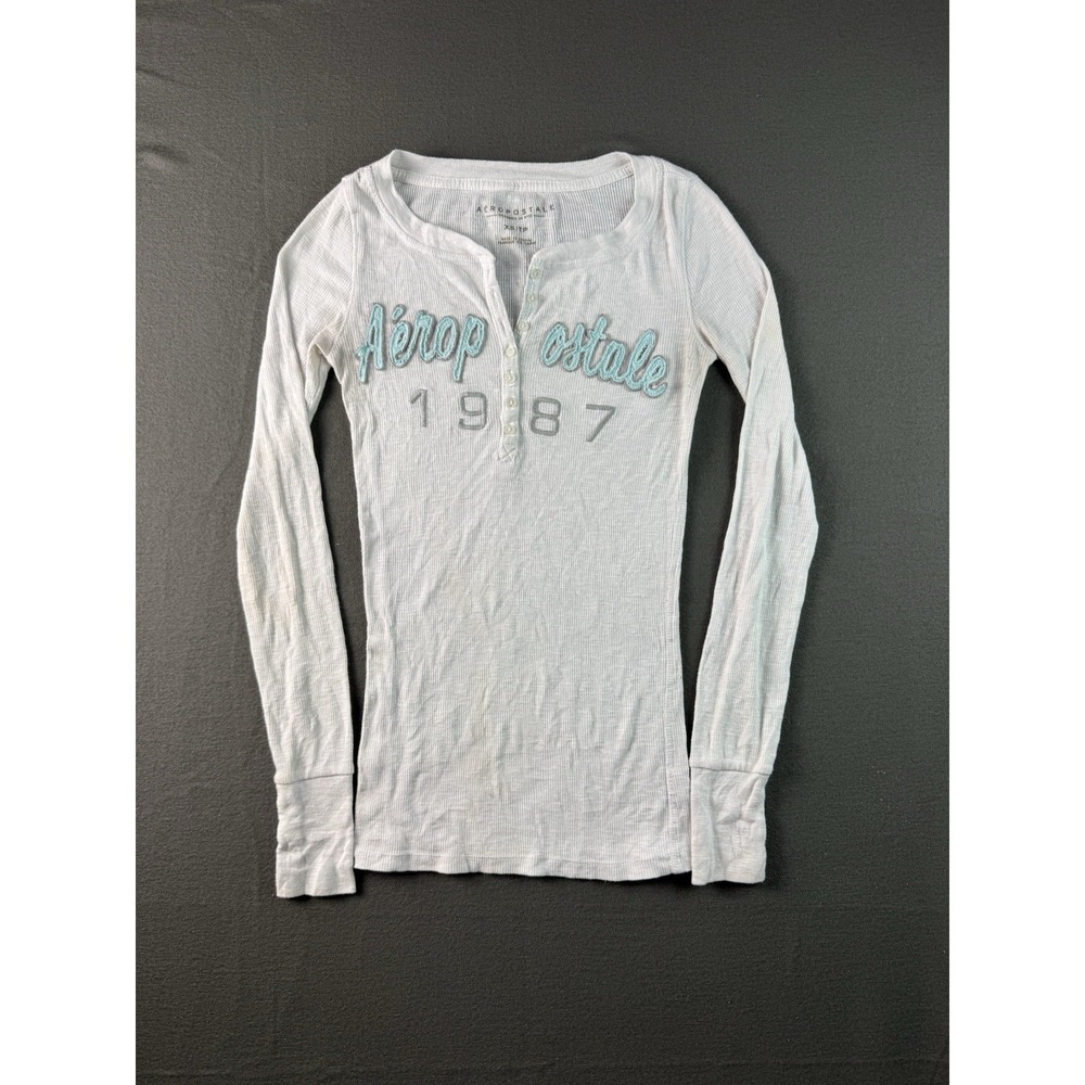 Aeropostale Womens XS White Y2K Long Sleeve Henley Ribbed Top 1987 Logo